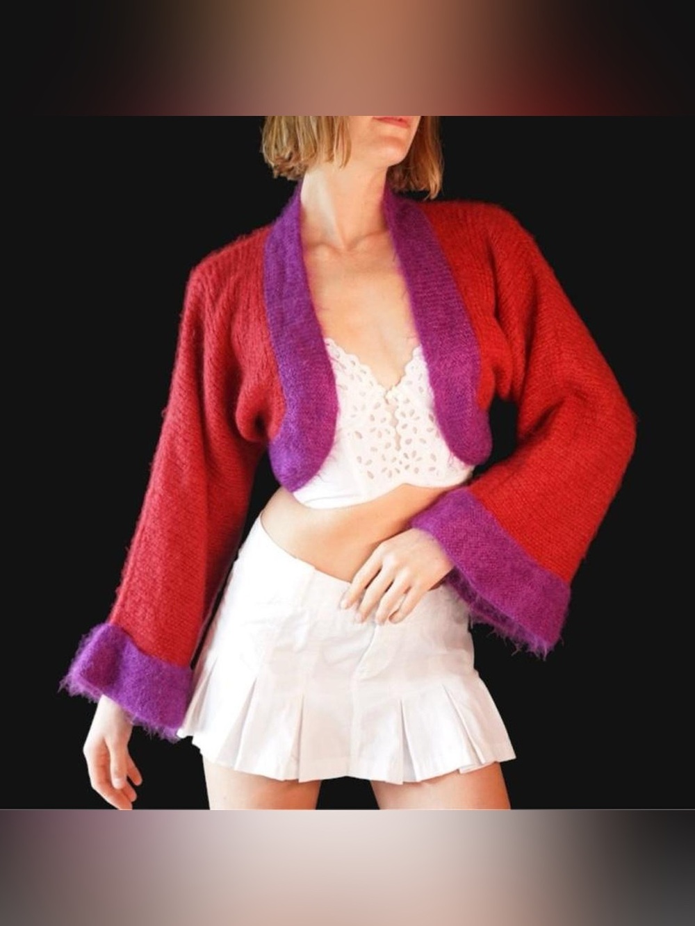 Perry Ellis Vtg Red Purple Cropped Mohair Silk Cardigan Sweater